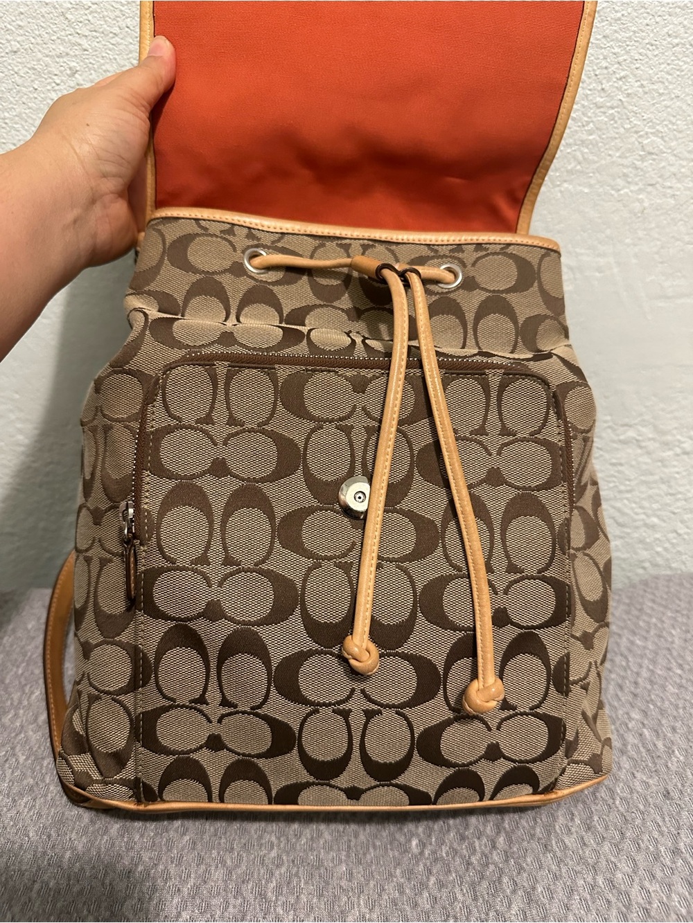 Vintage Coach Tan/Brown Cognac Signature Canvas Backpack with Leather Tan Trim - Picture 8 of 14